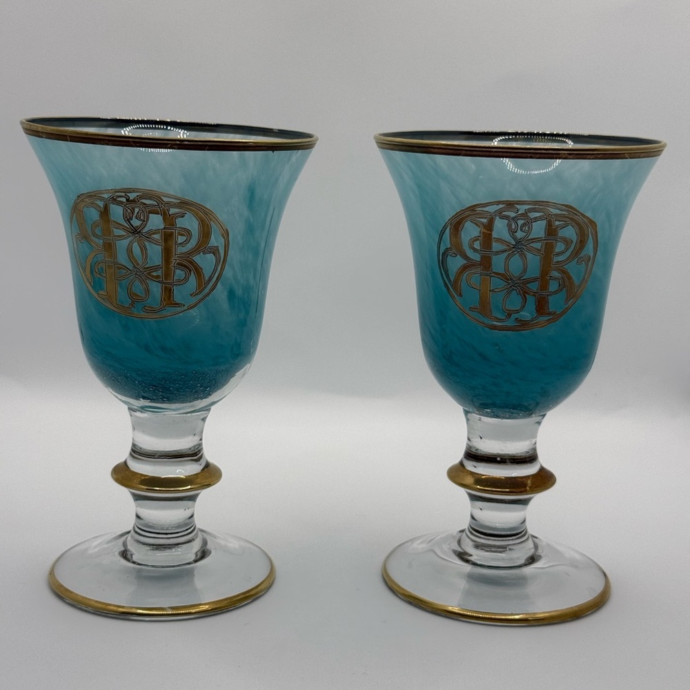 2 GLASS CRISTALLERIE ITALIANE 24K GOLD WATER GOBLET TURQUOISE GLASSES INTERGLASS